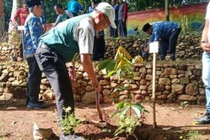 Kepala Kemenag Kuningan saat menanam bibit pohon di Sibulan.